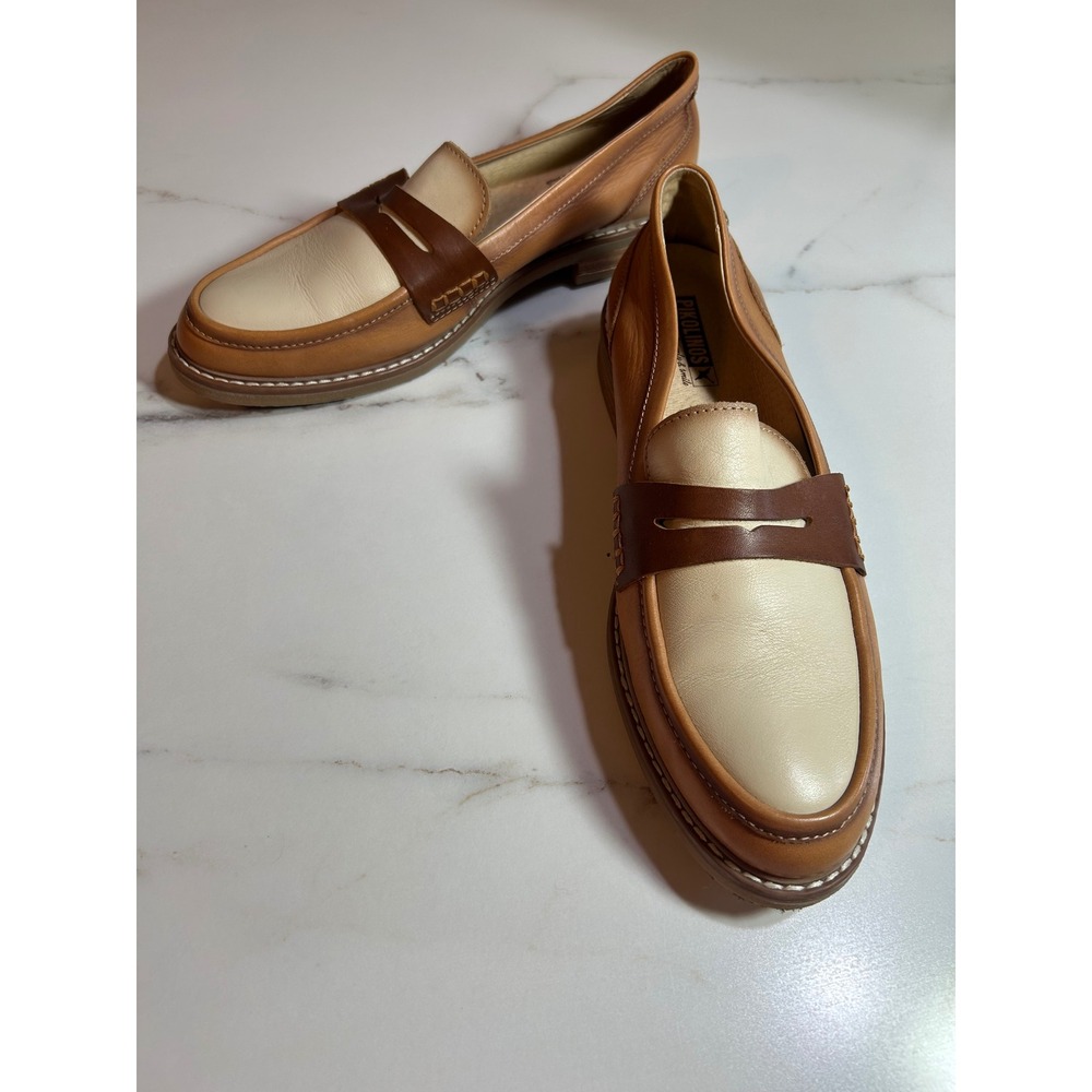 Pikolinos Women Leather Penny Loafers Tri-Color Tan Cream Brown Size 41 - Picture 1 of 7